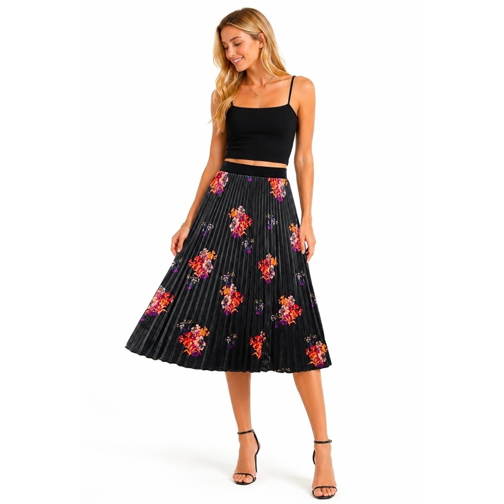 Maeve Small Pleated Floral Velvet Midi Skirt Womens‎ Whimsigoth Black Multi